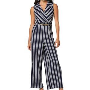 Cato Women's Size L Gold Chain Wide Leg Sleeveless Jumpsuit in Pitch Navy Stripe
